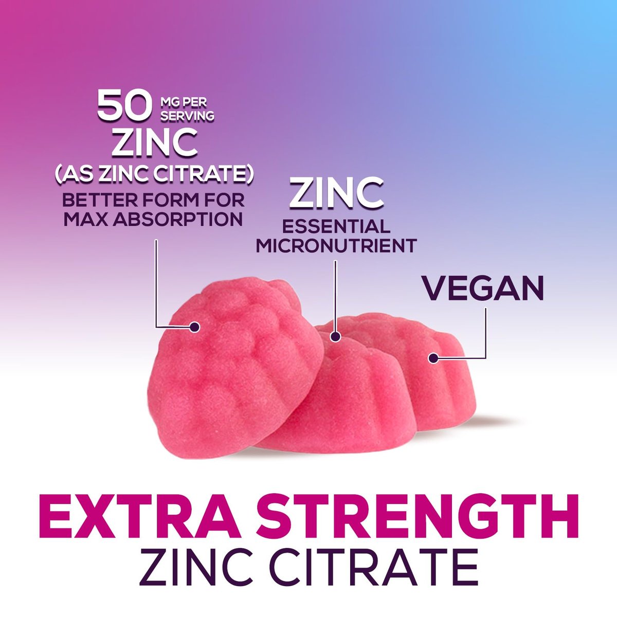 Zink Gummis 50mg pro Portion – Extra starke Immununterstützung, Antioxidans, Nicht-GVO & Glutenfrei – Bestes Zinkpräparat für Haut, Knochen und Herzgesundheit – Kaubare leckere Beerengeschmack – 60 Gummis