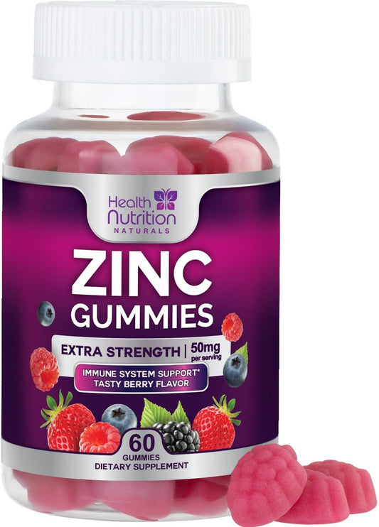 Zink Gummis 50mg pro Portion – Extra starke Immununterstützung, Antioxidans, Nicht-GVO & Glutenfrei – Bestes Zinkpräparat für Haut, Knochen und Herzgesundheit – Kaubare leckere Beerengeschmack – 60 Gummis