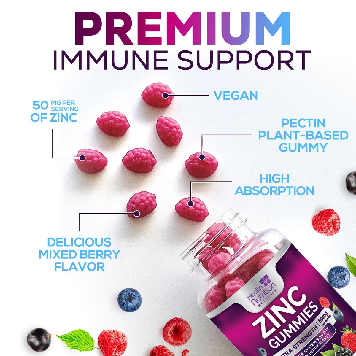 Zink Gummis 50mg pro Portion – Extra starke Immununterstützung, Antioxidans, Nicht-GVO & Glutenfrei – Bestes Zinkpräparat für Haut, Knochen und Herzgesundheit – Kaubare leckere Beerengeschmack – 60 Gummis
