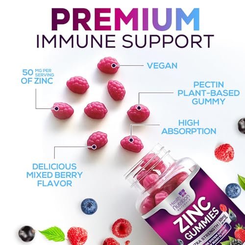 Zink Gummis 50mg pro Portion – Extra starke Immununterstützung, Antioxidans, Nicht-GVO & Glutenfrei – Bestes Zinkpräparat für Haut, Knochen und Herzgesundheit – Kaubare leckere Beerengeschmack – 60 Gummis