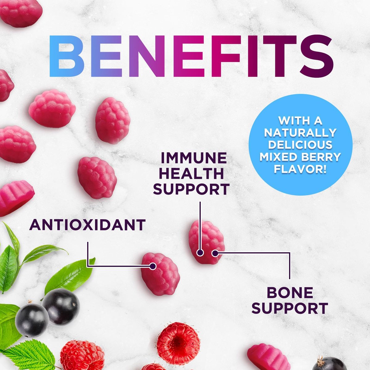 Zink Gummis 50mg pro Portion – Extra starke Immununterstützung, Antioxidans, Nicht-GVO & Glutenfrei – Bestes Zinkpräparat für Haut, Knochen und Herzgesundheit – Kaubare leckere Beerengeschmack – 60 Gummis