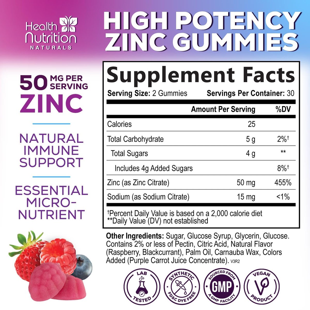 Zink Gummis 50mg pro Portion – Extra starke Immununterstützung, Antioxidans, Nicht-GVO & Glutenfrei – Bestes Zinkpräparat für Haut, Knochen und Herzgesundheit – Kaubare leckere Beerengeschmack – 60 Gummis