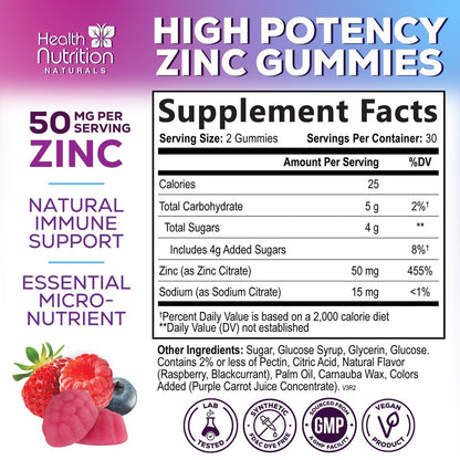 Zink Gummis 50mg pro Portion – Extra starke Immununterstützung, Antioxidans, Nicht-GVO & Glutenfrei – Bestes Zinkpräparat für Haut, Knochen und Herzgesundheit – Kaubare leckere Beerengeschmack – 60 Gummis