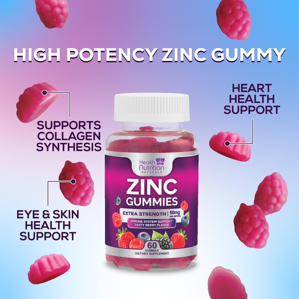 Zink Gummis 50mg pro Portion – Extra starke Immununterstützung, Antioxidans, Nicht-GVO & Glutenfrei – Bestes Zinkpräparat für Haut, Knochen und Herzgesundheit – Kaubare leckere Beerengeschmack – 60 Gummis
