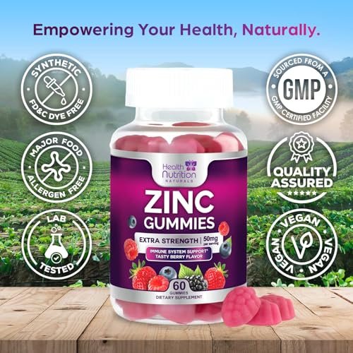 Zink Gummis 50mg pro Portion – Extra starke Immununterstützung, Antioxidans, Nicht-GVO & Glutenfrei – Bestes Zinkpräparat für Haut, Knochen und Herzgesundheit – Kaubare leckere Beerengeschmack – 60 Gummis