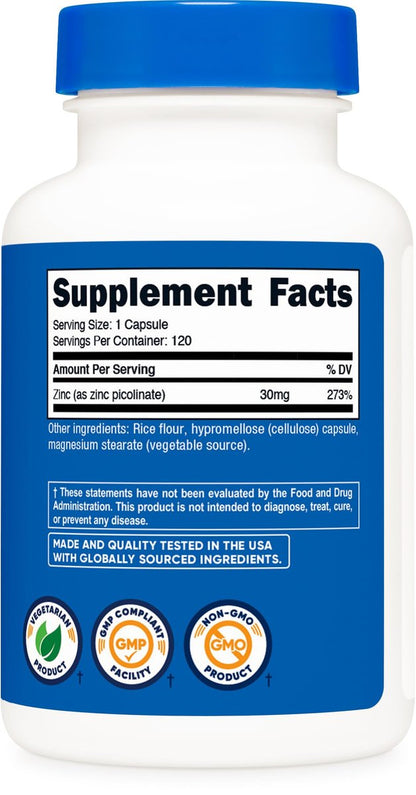Nutricost Zinkpicolinat 30mg, 120 Kapseln – Glutenfrei & Nicht-GMO