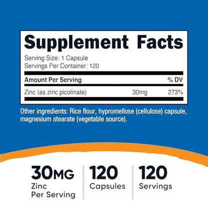 Nutricost Zinkpicolinat 30mg, 120 Kapseln – Glutenfrei & Nicht-GMO