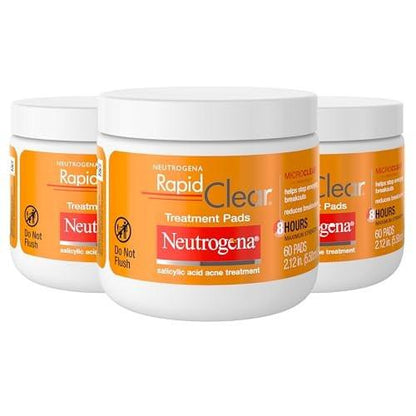 Neutrogena Rapid Clear Maximum Strength Akne-Pads mit 2% Salicylsäure gegen Pickel, ölfreie Reinigungstücher für zu Akne neigende Haut, 3er-Pack (60 Tücher pro Packung)