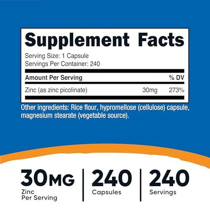 Nutricost Zink Picolinat 30 mg, 240 Kapseln – Glutenfrei & Nicht-GMO