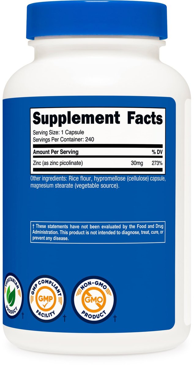 Nutricost Zink Picolinat 30 mg, 240 Kapseln – Glutenfrei & Nicht-GMO