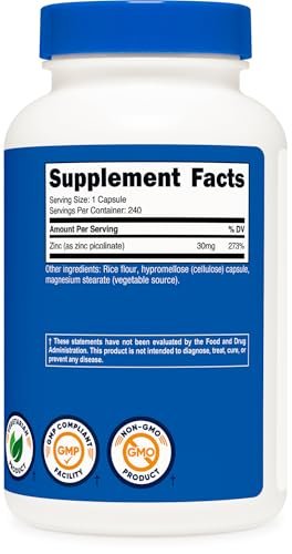 Nutricost Zink Picolinat 30 mg, 240 Kapseln – Glutenfrei & Nicht-GMO