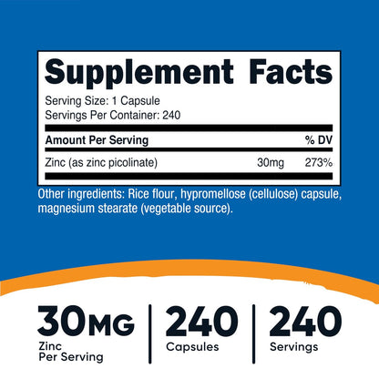 Nutricost Zink Picolinat 30 mg, 240 Kapseln – Glutenfrei & Nicht-GMO