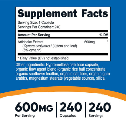 Nutricost Artischockenextrakt 600 mg, 240 vegane Kapseln – Glutenfrei, Nicht-GVO