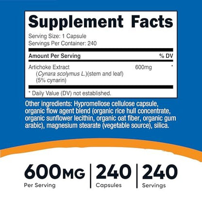 Nutricost Artischockenextrakt 600 mg, 240 vegane Kapseln – Glutenfrei, Nicht-GVO