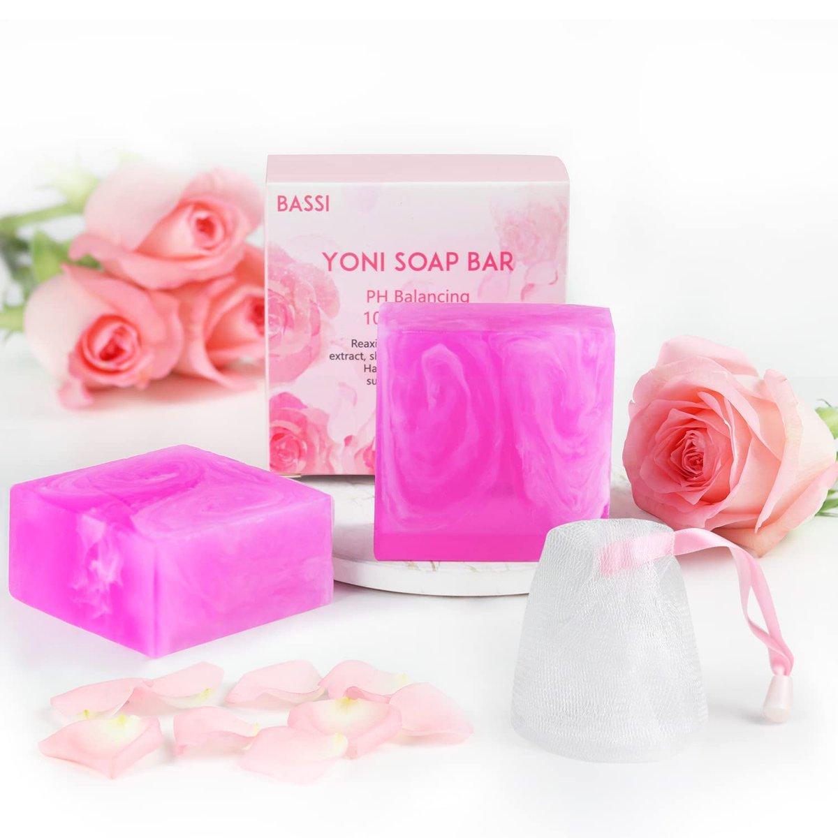 Yoni Seife 2er-Pack, 100% natürliche Bio-Seife für den Intimbereich, pH-Balance, feminine Waschseife für tägliche Frische & Geruchskontrolle, handgemachte Rosenseife mit Schaumnetz, 100 g pro Stück
