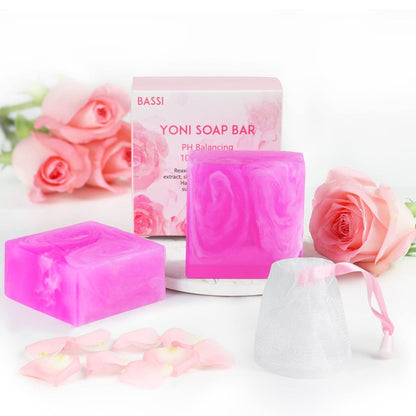 Yoni Seife 2er-Pack, 100% natürliche Bio-Seife für den Intimbereich, pH-Balance, feminine Waschseife für tägliche Frische & Geruchskontrolle, handgemachte Rosenseife mit Schaumnetz, 100 g pro Stück