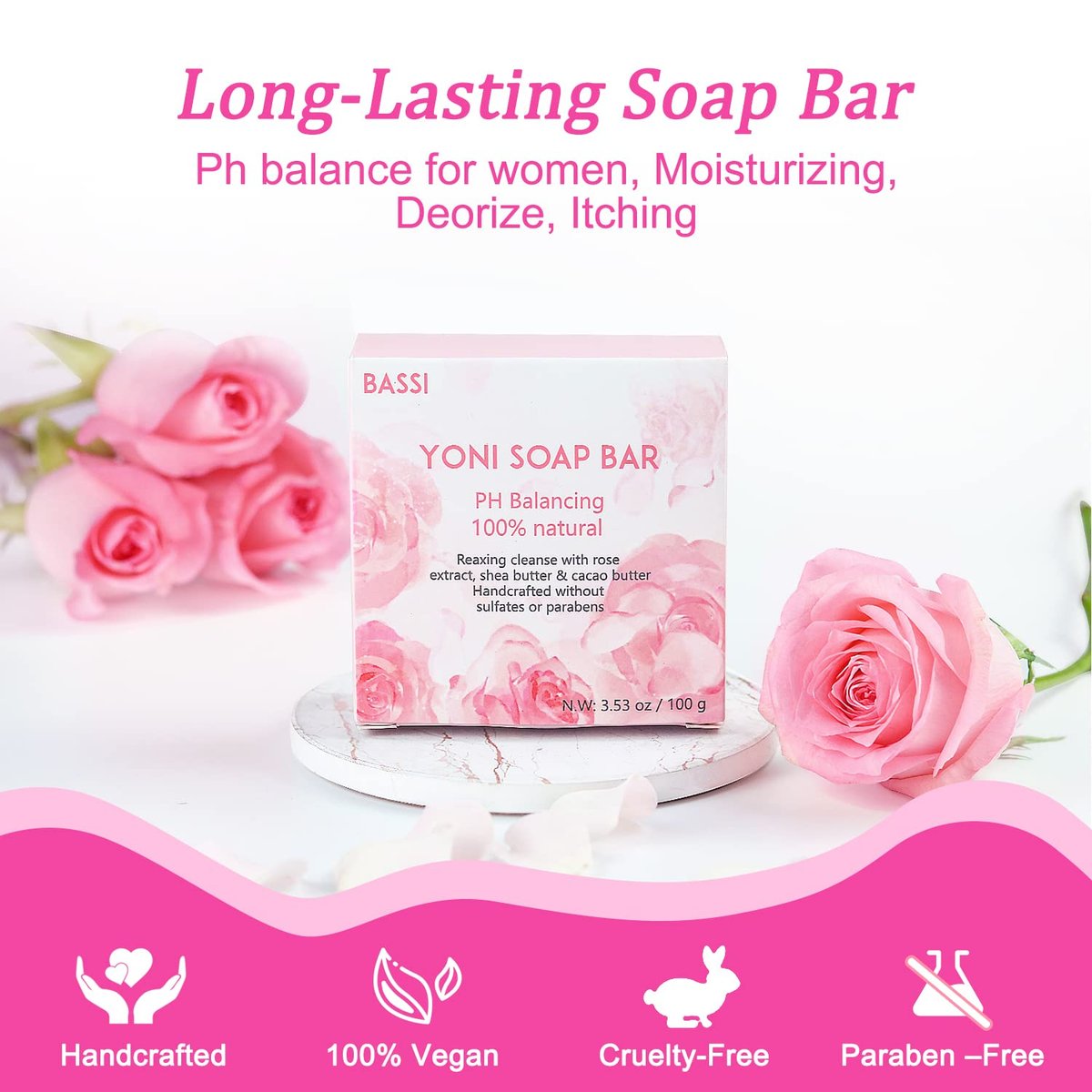 Yoni Seife 2er-Pack, 100% natürliche Bio-Seife für den Intimbereich, pH-Balance, feminine Waschseife für tägliche Frische & Geruchskontrolle, handgemachte Rosenseife mit Schaumnetz, 100 g pro Stück
