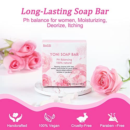 Yoni Seife 2er-Pack, 100% natürliche Bio-Seife für den Intimbereich, pH-Balance, feminine Waschseife für tägliche Frische & Geruchskontrolle, handgemachte Rosenseife mit Schaumnetz, 100 g pro Stück