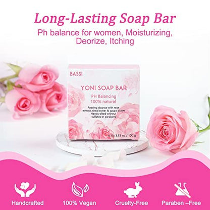 Yoni Seife 2er-Pack, 100% natürliche Bio-Seife für den Intimbereich, pH-Balance, feminine Waschseife für tägliche Frische & Geruchskontrolle, handgemachte Rosenseife mit Schaumnetz, 100 g pro Stück