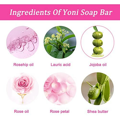 Yoni Seife 2er-Pack, 100% natürliche Bio-Seife für den Intimbereich, pH-Balance, feminine Waschseife für tägliche Frische & Geruchskontrolle, handgemachte Rosenseife mit Schaumnetz, 100 g pro Stück