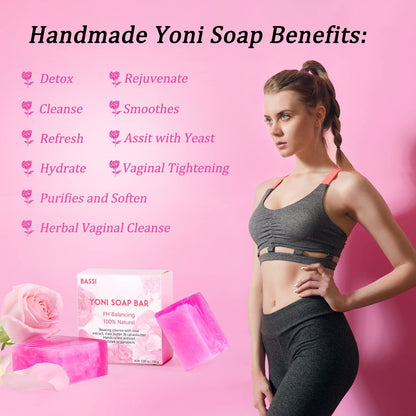 Yoni Seife 2er-Pack, 100% natürliche Bio-Seife für den Intimbereich, pH-Balance, feminine Waschseife für tägliche Frische & Geruchskontrolle, handgemachte Rosenseife mit Schaumnetz, 100 g pro Stück