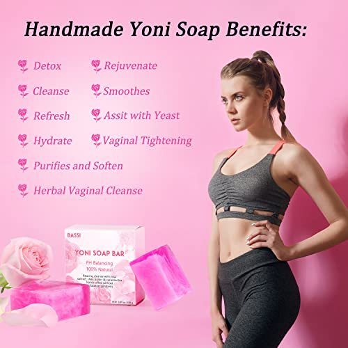 Yoni Seife 2er-Pack, 100% natürliche Bio-Seife für den Intimbereich, pH-Balance, feminine Waschseife für tägliche Frische & Geruchskontrolle, handgemachte Rosenseife mit Schaumnetz, 100 g pro Stück