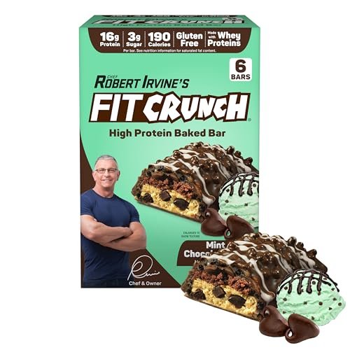 FITCRUNCH Snack Size Proteinriegel, entwickelt von Robert Irvine, 6-Schicht gebackener Riegel, 3g Zucker, glutenfrei & weicher Kuchenkern (6 Riegel, Minz-Schokoladenstückchen)