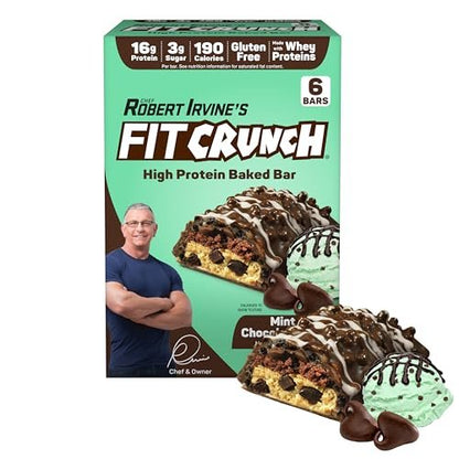 FITCRUNCH Snack Size Proteinriegel, entwickelt von Robert Irvine, 6-Schicht gebackener Riegel, 3g Zucker, glutenfrei & weicher Kuchenkern (6 Riegel, Minz-Schokoladenstückchen)