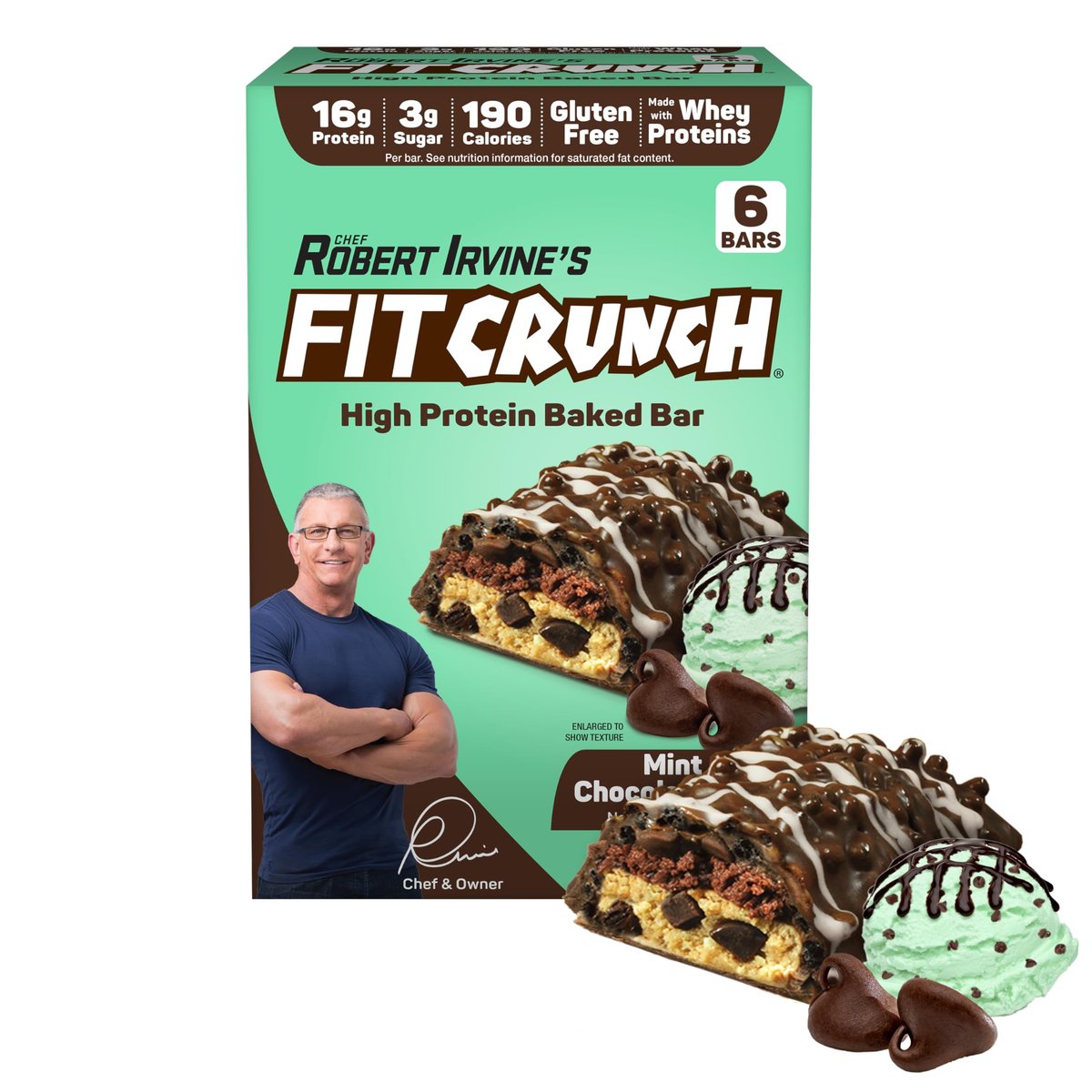 FITCRUNCH Snack Size Proteinriegel, entwickelt von Robert Irvine, 6-Schicht gebackener Riegel, 3g Zucker, glutenfrei & weicher Kuchenkern (6 Riegel, Minz-Schokoladenstückchen)