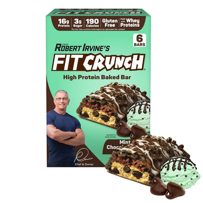 FITCRUNCH Snack Size Proteinriegel, entwickelt von Robert Irvine, 6-Schicht gebackener Riegel, 3g Zucker, glutenfrei & weicher Kuchenkern (6 Riegel, Minz-Schokoladenstückchen)