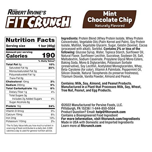 FITCRUNCH Snack Size Proteinriegel, entwickelt von Robert Irvine, 6-Schicht gebackener Riegel, 3g Zucker, glutenfrei & weicher Kuchenkern (6 Riegel, Minz-Schokoladenstückchen)