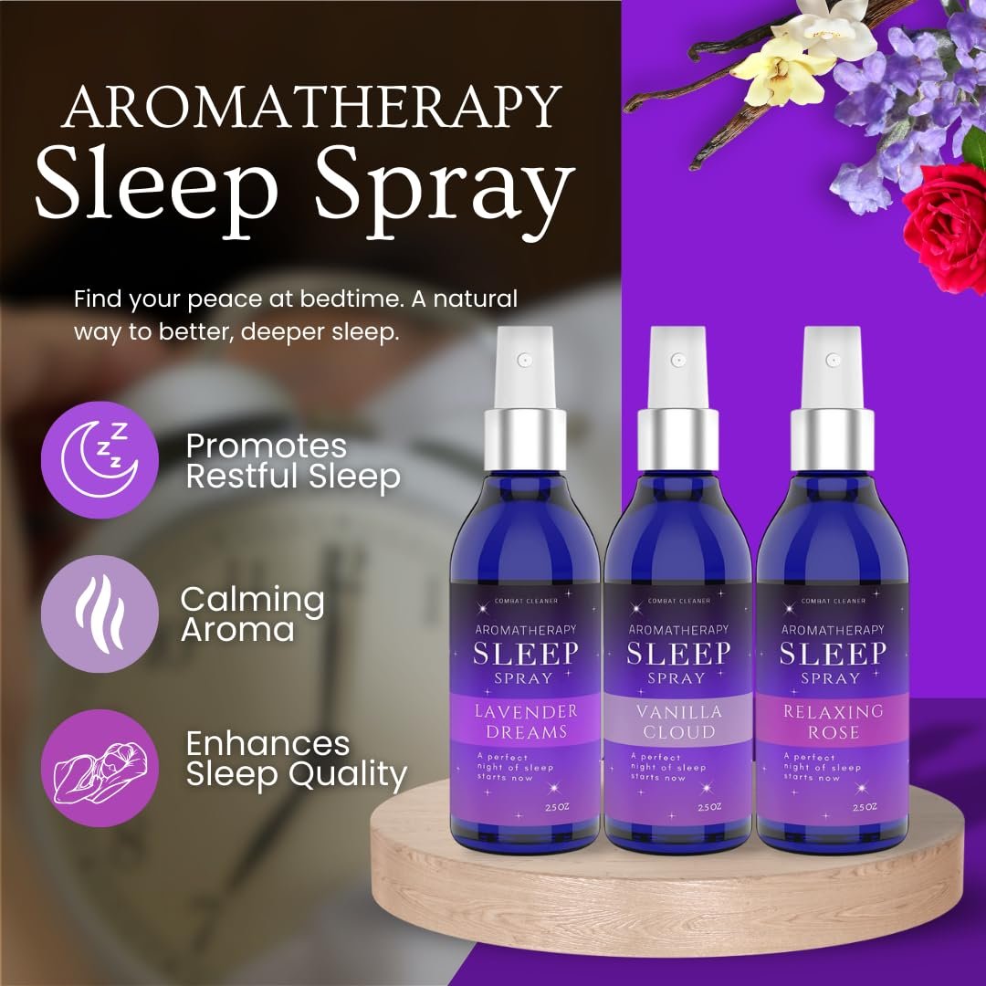 Kissen-Spray-Mist für Tiefschlaf | Hilfe bei Stress & Angst | (3er-Pack) Beruhigender Lavendel, Vanille, Rosen-Mist | von Combat Cleaner