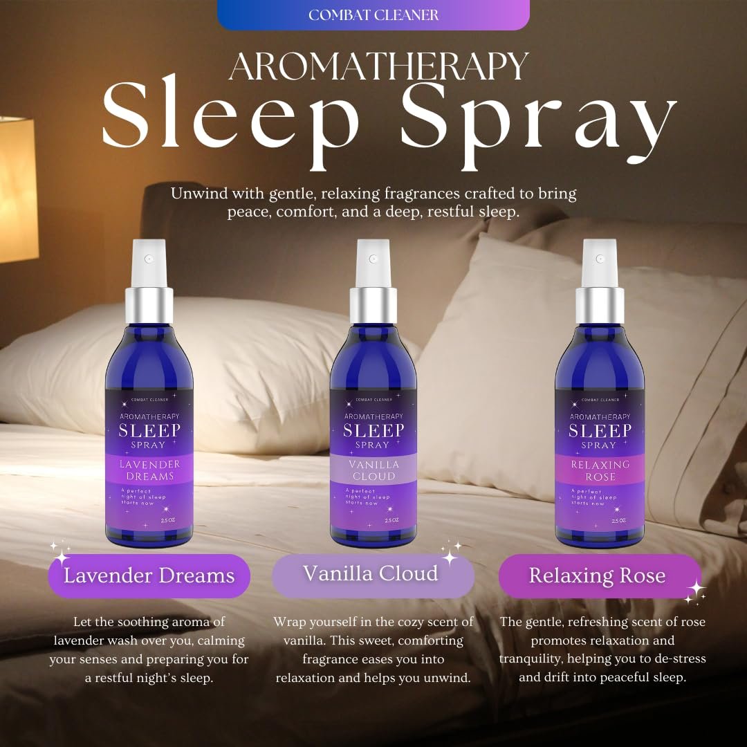 Kissen-Spray-Mist für Tiefschlaf | Hilfe bei Stress & Angst | (3er-Pack) Beruhigender Lavendel, Vanille, Rosen-Mist | von Combat Cleaner