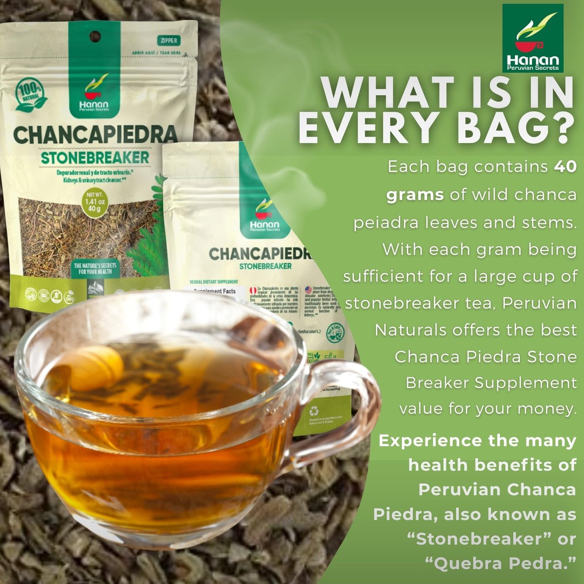 Hanan Chanca Piedra Lose Blätter 40g - Steinbrecher Kräutertee, 100% natürliche Chancapiedra aus Peru, vegan
