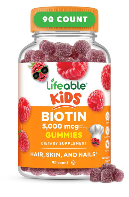 Lifeable Kids Biotin Gummis | 5.000 mcg | Natürlicher Geschmack | Vegan & Non-GMO | Für Haare, Haut und Nägel | 90 Gummis