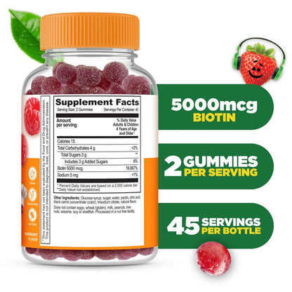 Lifeable Kids Biotin Gummis | 5.000 mcg | Natürlicher Geschmack | Vegan & Non-GMO | Für Haare, Haut und Nägel | 90 Gummis