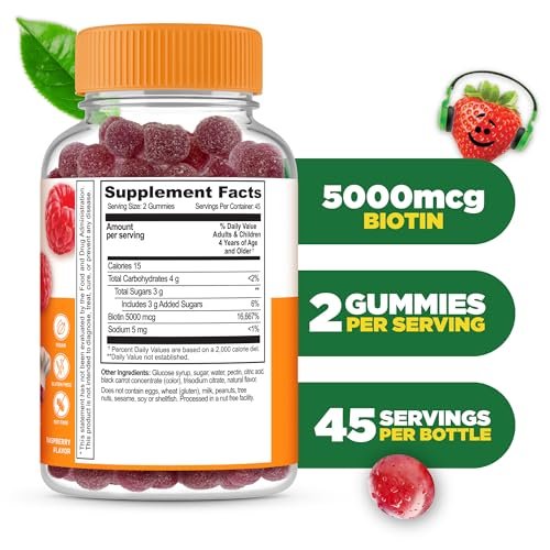 Lifeable Kids Biotin Gummis | 5.000 mcg | Natürlicher Geschmack | Vegan & Non-GMO | Für Haare, Haut und Nägel | 90 Gummis