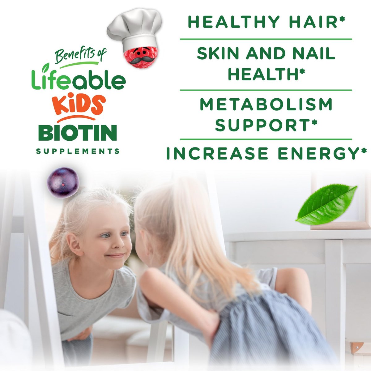 Lifeable Kids Biotin Gummis | 5.000 mcg | Natürlicher Geschmack | Vegan & Non-GMO | Für Haare, Haut und Nägel | 90 Gummis