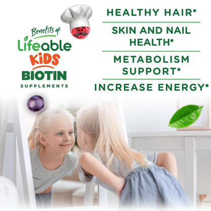 Lifeable Kids Biotin Gummis | 5.000 mcg | Natürlicher Geschmack | Vegan & Non-GMO | Für Haare, Haut und Nägel | 90 Gummis