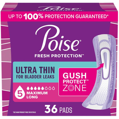 Poise Ultra Thin Inkontinenz- & Wochenbett-Einlagen bei Blasenschwäche, 5 Tropfen Maximale Saugfähigkeit, Lange Länge, 36 Stück (Verpackung kann variieren)