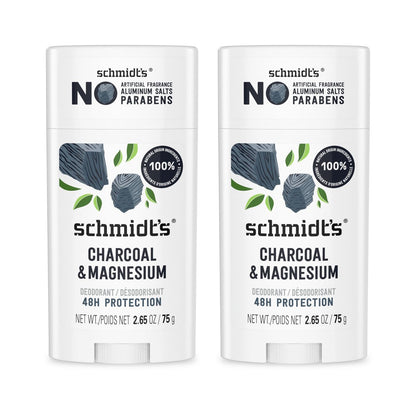 Schmidt's Aluminiumfreies veganes Deodorant mit Aktivkohle & Magnesium – 48 Stunden Schutz, 2er-Pack für Frauen und Männer, natürliche Inhaltsstoffe, tierversuchsfrei, 2,65 oz