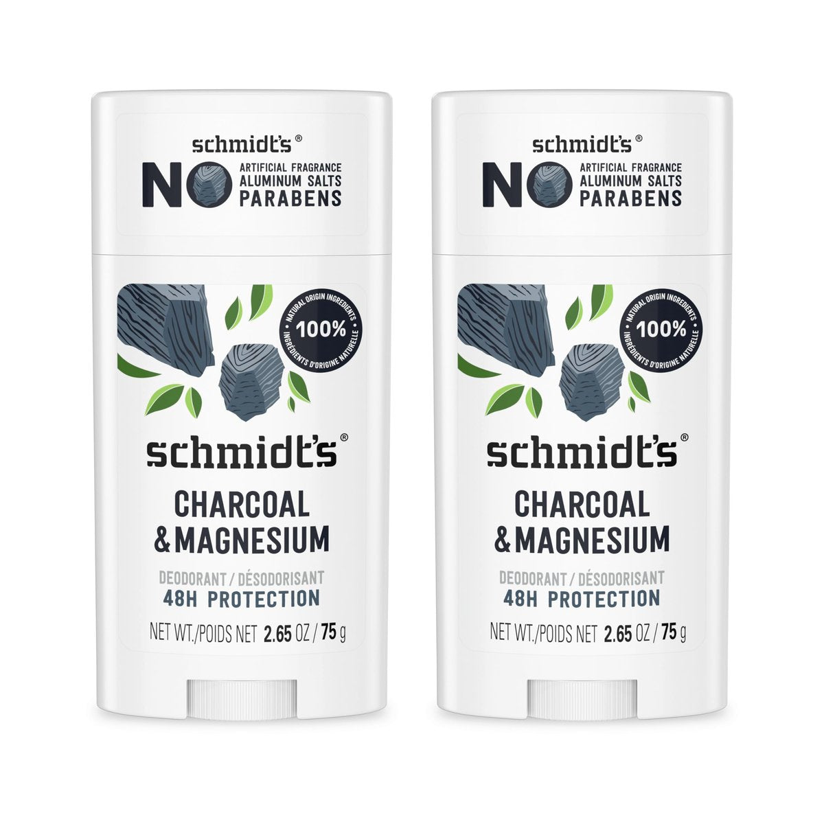Schmidt's Aluminiumfreies veganes Deodorant mit Aktivkohle & Magnesium – 48 Stunden Schutz, 2er-Pack für Frauen und Männer, natürliche Inhaltsstoffe, tierversuchsfrei, 2,65 oz