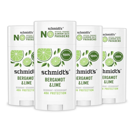 Schmidt's Aluminiumfreies veganes Deodorant Bergamotte & Limette – 4er-Pack, 24-Stunden-Geruchsschutz, natürliche Inhaltsstoffe, tierversuchsfrei, 2,65 oz