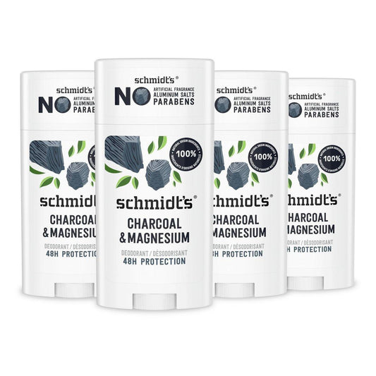 Schmidt's Aluminiumfreies veganes Deodorant Holzkohle & Magnesium mit 24-Stunden-Geruchsschutz, 4er-Pack für Damen und Herren, natürliche Inhaltsstoffe, tierversuchsfrei, 2,65 oz