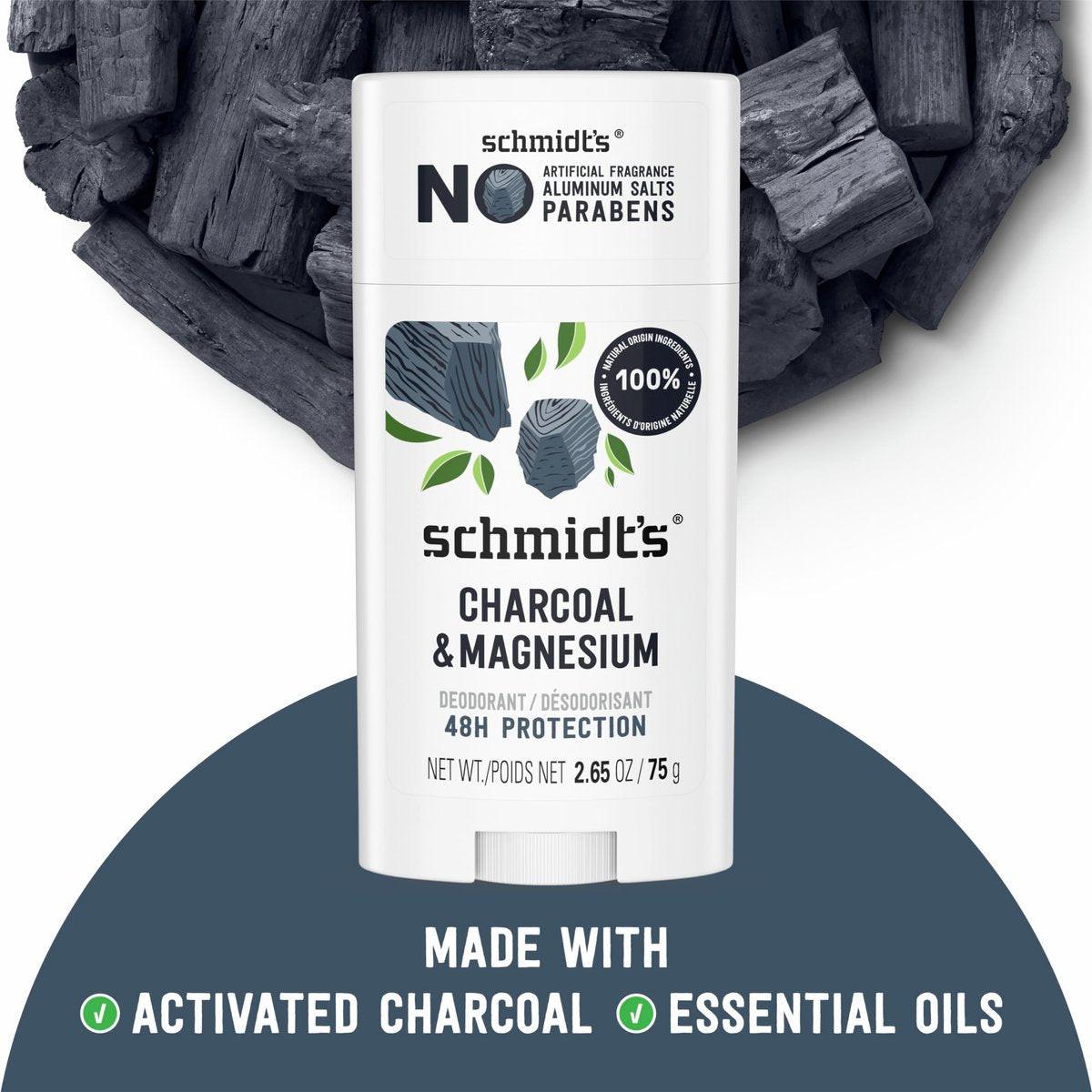 Schmidt's Aluminiumfreies veganes Deodorant Holzkohle & Magnesium mit 24-Stunden-Geruchsschutz, 4er-Pack für Damen und Herren, natürliche Inhaltsstoffe, tierversuchsfrei, 2,65 oz