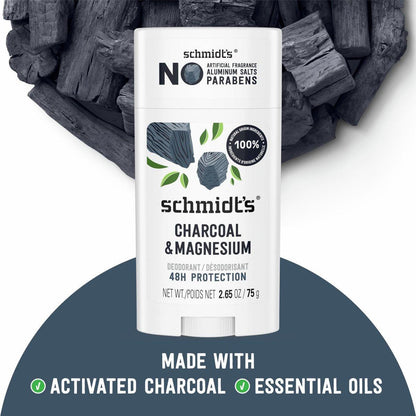 Schmidt's Aluminiumfreies veganes Deodorant Holzkohle & Magnesium mit 24-Stunden-Geruchsschutz, 4er-Pack für Damen und Herren, natürliche Inhaltsstoffe, tierversuchsfrei, 2,65 oz
