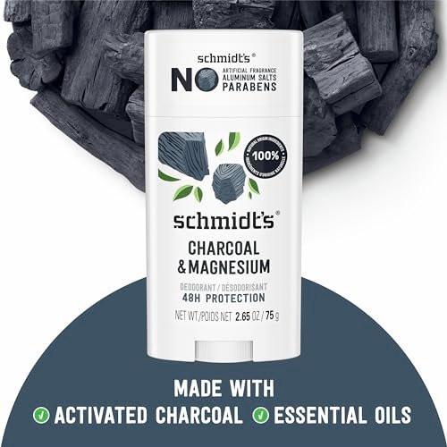 Schmidt's Aluminiumfreies veganes Deodorant Holzkohle & Magnesium mit 24-Stunden-Geruchsschutz, 4er-Pack für Damen und Herren, natürliche Inhaltsstoffe, tierversuchsfrei, 2,65 oz