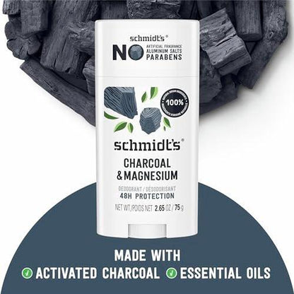 Schmidt's Aluminiumfreies veganes Deodorant Holzkohle & Magnesium mit 24-Stunden-Geruchsschutz, 4er-Pack für Damen und Herren, natürliche Inhaltsstoffe, tierversuchsfrei, 2,65 oz