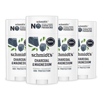Schmidt's Aluminiumfreies veganes Deodorant Holzkohle & Magnesium mit 24-Stunden-Geruchsschutz, 4er-Pack für Damen und Herren, natürliche Inhaltsstoffe, tierversuchsfrei, 2,65 oz
