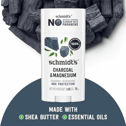 Schmidt's Aluminiumfreies veganes Deodorant Holzkohle & Magnesium mit 24-Stunden-Geruchsschutz, 4er-Pack für Damen und Herren, natürliche Inhaltsstoffe, tierversuchsfrei, 2,65 oz